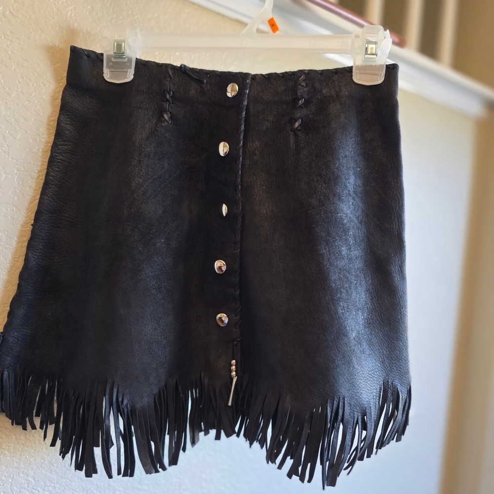 Vintage Black Leather Fringe Mini Skirt snap Front Whipstitch beads Western xs